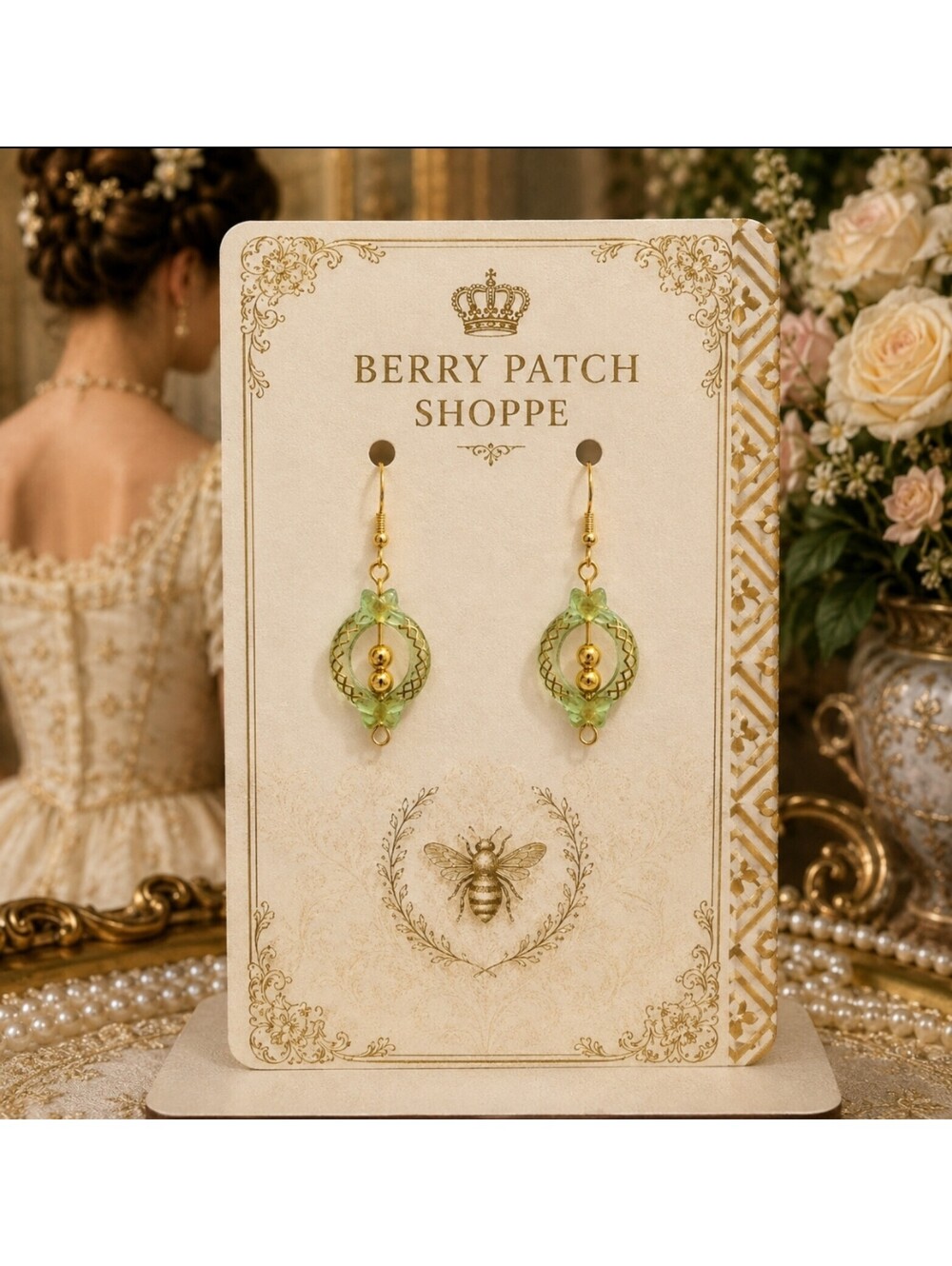 Eloise Bridgerton Bright & Witty Green & Gold Regencycore Dangle Drop Earrings
